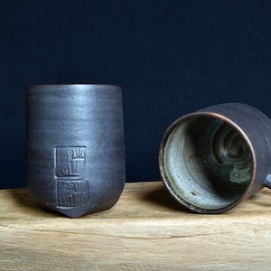 Hand Carved Stoneware Mug: Matte Black, Ash Glaze Interior