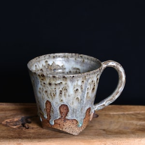 Hand Carved Freckled Mug: Rustic Wood Ash Glazed Pottery