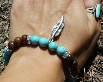 Tigers Eye & Turquoise Feather Bracelet