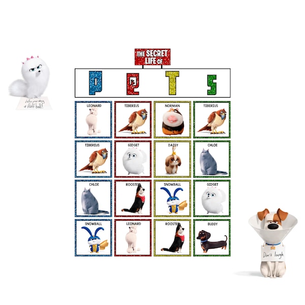30 Bingo Cards - Secret Life of Pets Birthday Party Bingo Game  ** Instant Download **  ** Bonus Matching Game**