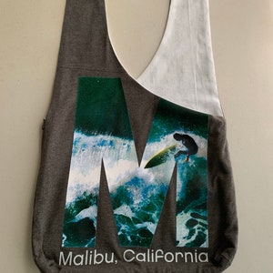 Handmade Upcycled Brown Malibu California Print Hobo Shoulder Purse