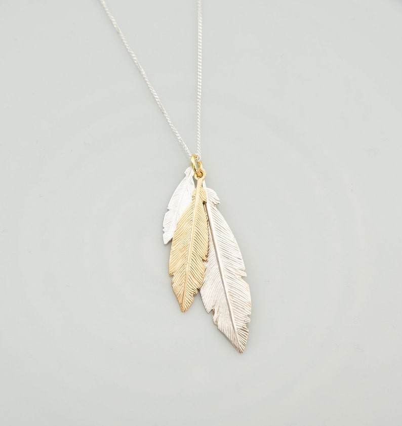 Sterling Silver Feather Necklace Boho Necklace Two Tone Etsy