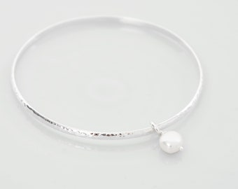 Handmade Hammered Sterling Silver Bangle – Freshwater Pearl Bracelet