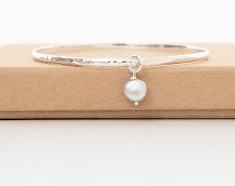 Hammered Sterling Silver Bangle – Freshwater Pearl Charm Bracelet