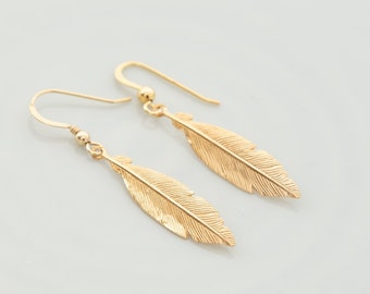 Gold Vermeil Feather Earrings - Dangle Drop Earrings