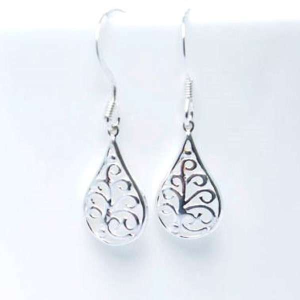 Sterling zilveren Filigraan oorbellen - zilveren drop oorbellen - cadeau voor haar - UK Made