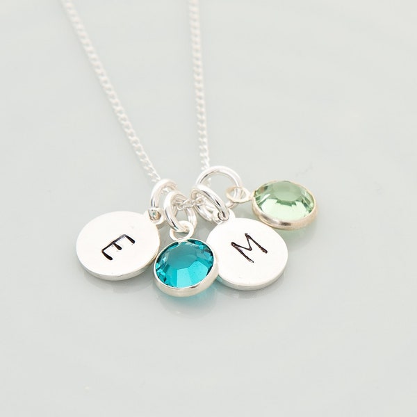 Two Initial Necklace - Silver Double Disc Necklace with Initial - 2 birthstone pendant - Personalised Two Children Necklace - Christmas