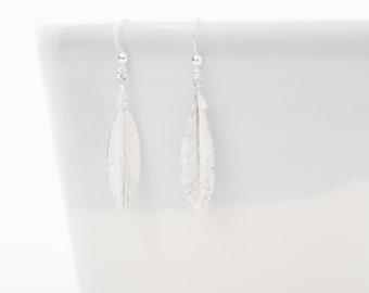 Sterling silver feather earrings - Silver drop earrings - Bridesmaids earrings - Bridesmaids gift - Silver dangle earrings