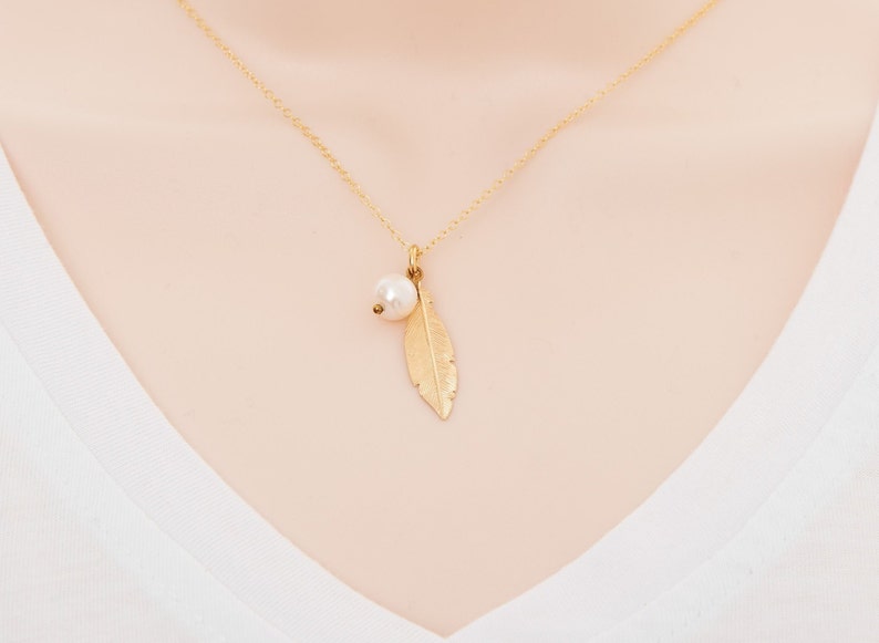 Gold Feather Pendant Gold Pearl Leaf Necklace Gold Feather Etsy