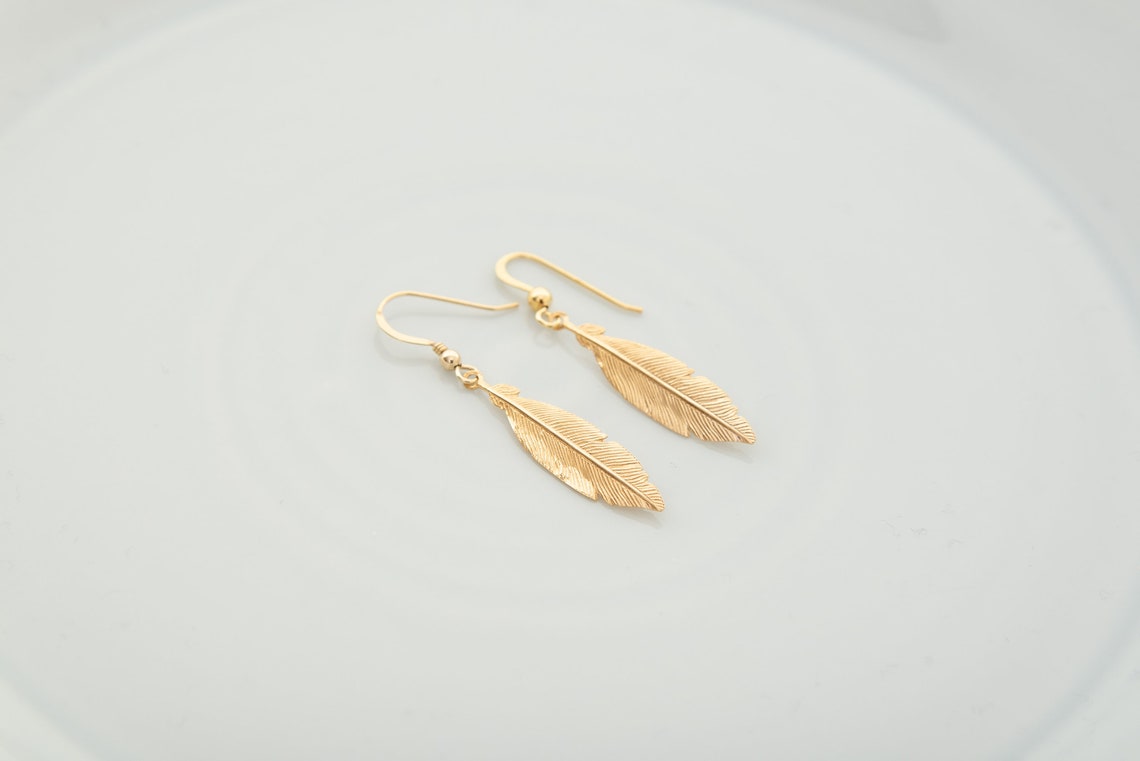 Gold Feather Earrings Gold Drop Earrings Bridesmaids Etsy