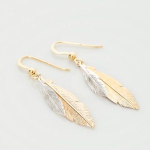 Gold and silver feather earrings - Feather drop earrings - Boho dangle earrings - Gold statement earrings - Christmas gift for wife