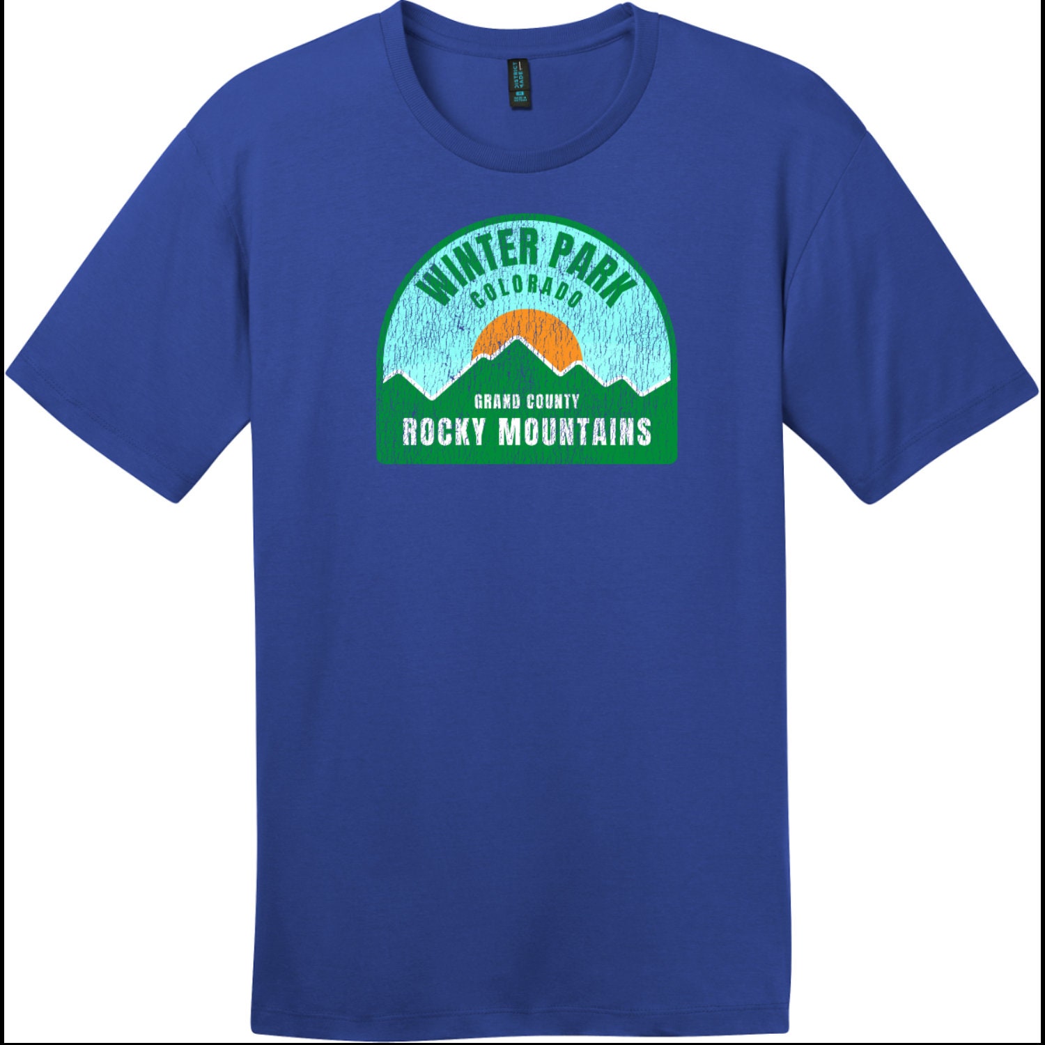 T-shirt Vintage Hanes Beefy T Colorado Bleu Foncé Taille M - Motif Cerf/wapiti Et Montagnes, Années 90 USA