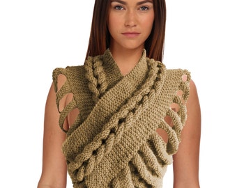 Authentic Designed  Made to Order Reversible Shawl shoulder cover Braid ladder Khaki Hand knit