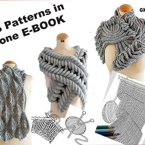 Könnte beinhalten: Drei Strickmuster in einem E-Book. Die Muster sind für einen Schal, einen Kragen und einen Schal. Die Muster sind in grauem Garn dargestellt. Das E-Book enthält auch eine Stricktabelle und eine Garnrolle.