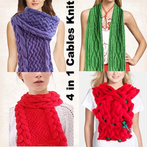 May include: Four different cable knit scarves in purple, green, red, and red with green accents. The text "4 in 1 Cables Knit" is displayed in the center of the image.