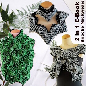 May include: Two knitted scarf patterns in a 2 in 1 E-Book. One scarf is green and the other is gray. The E-Book is for brioche neckwear.
