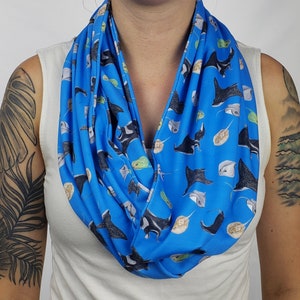 CLEARANCE Rays Infinity Scarf Marine Life Gift for her Soft jersey Scarves Blue Gift idea Nature Birthday Stingray Manta Ray Shark Ocean