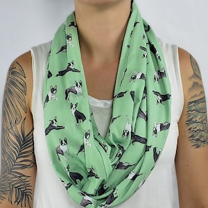 CLEARANCE Boston Terrier Infinity Scarf Dog lover Gift for her Soft jersey Scarves Green scarf Gift ideas Dog mom Holiday Birthday gift
