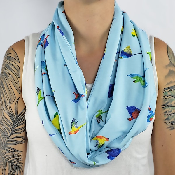 CLEARANCE Parrot Infinity Scarf Bird lover Gift for her Soft jersey Scarves Blue Gift idea Nature Holiday Birthday gift Macaw Parakeet