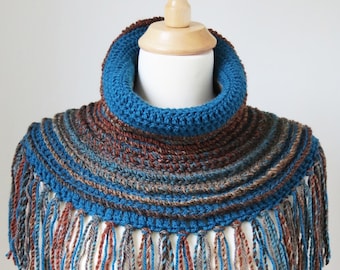 Cropped Poncho in Teal Blue and Brown, Turtleneck Collar, Rustic Fringed Crochet Knitwear