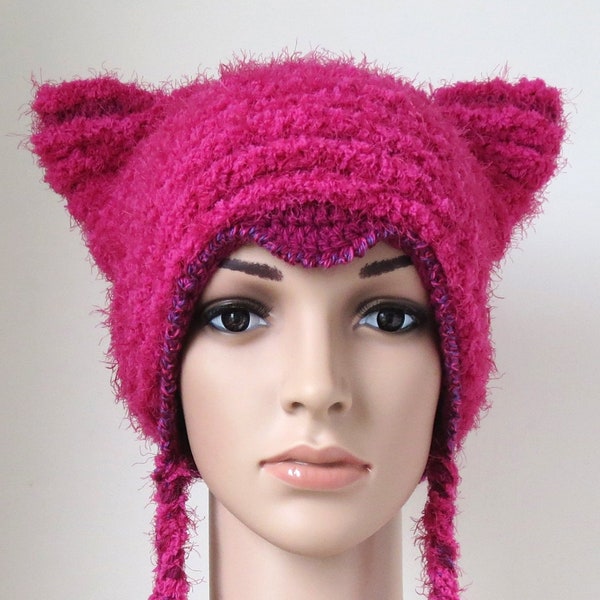 Pussy Hat, Hot Pink Cat Beanie Soft Faux Fur, Women's March, Unique Gift for Her