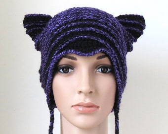 Cat Ears Hat in Black and Purple, Women's Unique Kitty Beanie, Cat Lovers Gift