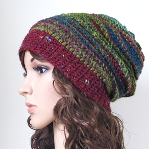 Women's Winter Hat, Burgundy Cranberry Green, Soft Red Wool Slouchy Unique Boho Clothing