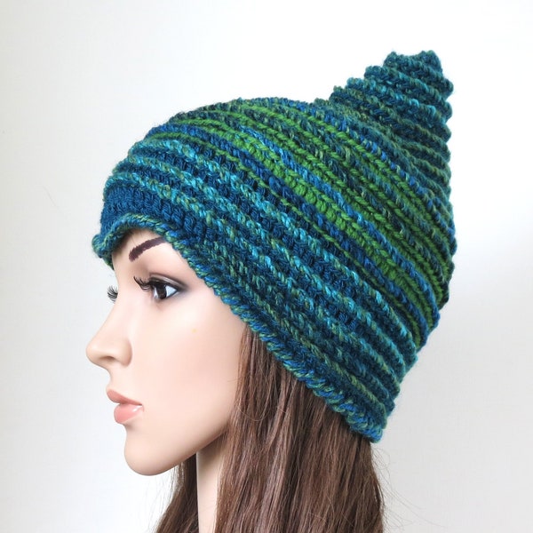 Cute Pixie Hat for Women and Teen Girls, Teal Blue Green Peacock Colours, Unique Crochet Beanie