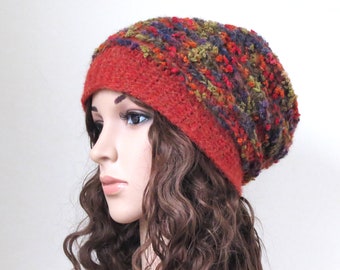 Women's Winter Hat in Alpaca and Merino Wool Blend, Fox Red Autumn Colours, Soft Boho Slouchy for Teen Girls