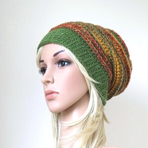 Women's Colourful Winter Hat, Chunky Crochet Slouchy in Red, Mustard and Green
