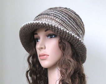 Women's Brim Hat in Brown and Beige, Warm Crochet Bucket Hat