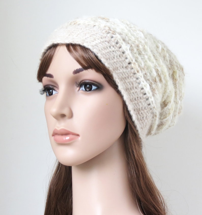 Neutral Colours Off-White and Wheat Soft Slouchy Hat in Alpaca and Merino Wool Mohair Blend