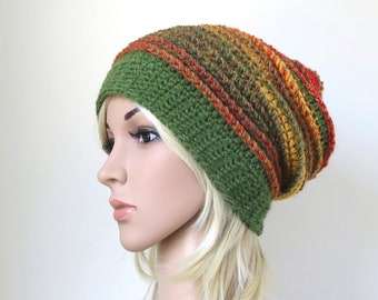 Women's Crochet Hat in Colourful Boho Style, Mustard Yellow, Olive Green Chunky Wool Beanie