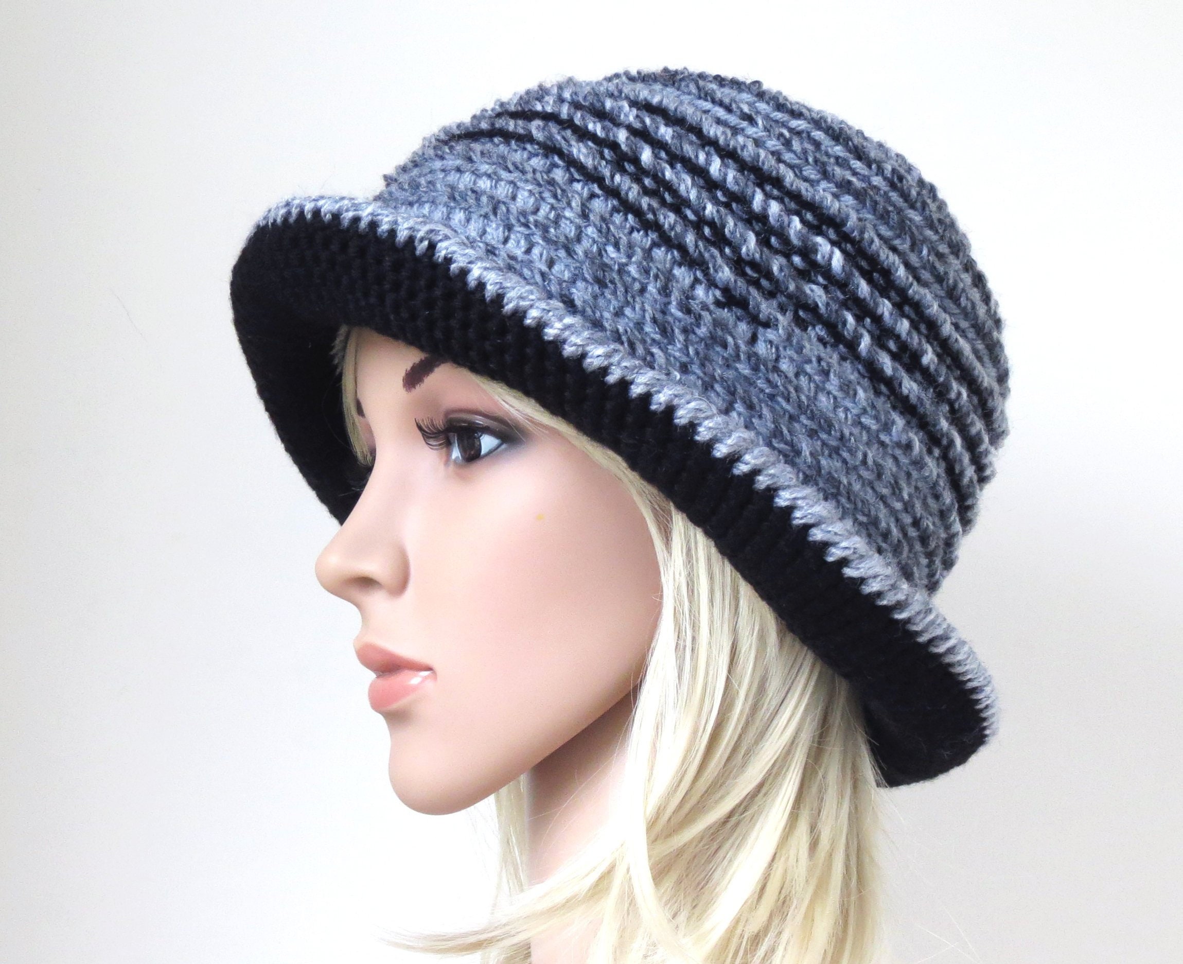 Soft Wool Brim Hat in Black and Gray Unique Crochet Boho | Etsy