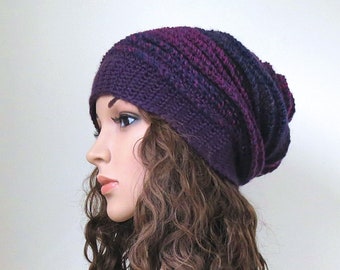 Purple Winter Hat, Soft Chunky Crochet Boho Slouchy for Women and Teen Girls
