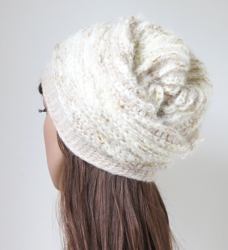 Neutral Colours Off-White and Wheat Soft Slouchy Hat in Alpaca and Merino Wool Mohair Blend