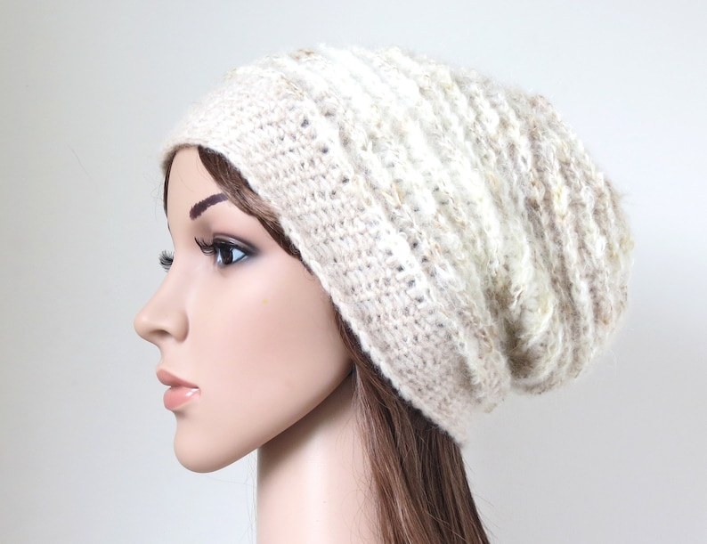 Neutral Colours Off-White and Wheat Soft Slouchy Hat in Alpaca and Merino Wool Mohair Blend