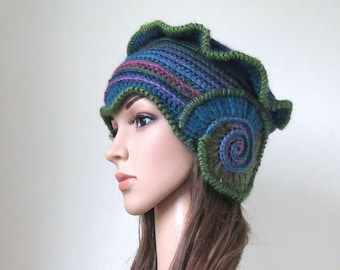 Mermaid Hat, Blue Green Spiral Shell Design, Fantasy Hat