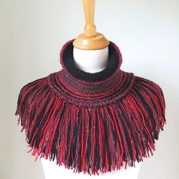 Women's Neckwarmer in Red and Black, Warm Fringed Scarf