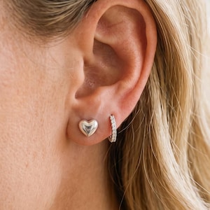 Heart Stud Earrings, Sterling Silver Puffed Hearts