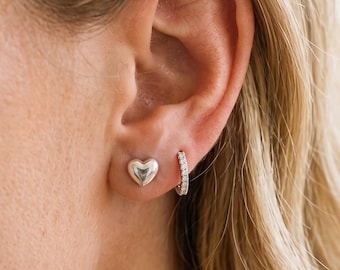 Heart Stud Earrings, Sterling Silver Puffed Hearts