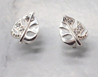 Sterling Silver CZ Monstera Leaf Stud Earrings, Plant Jewelry