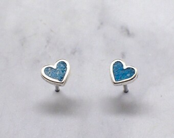 Blue Turquoise Heart Stud Earrings, Blue Turquoise Heart Sterling Silver Earrings, Minimalistic Tiny Heart Earrings, Valentines Day Earrings