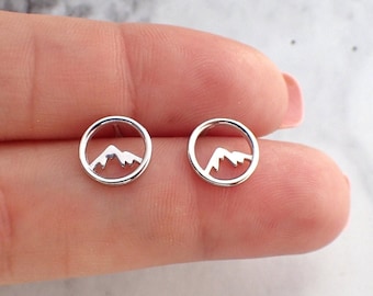 Silver Mountain Stud Earrings, Adventure Hiking Gift, Round Mountain Jewelry