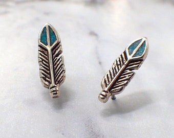 Turquoise Feather Earrings, Silver Feather Earrings, Feather Stud Earrings, Turquoise Feathers, Southwestern Earrings, Kids Feather Earrings