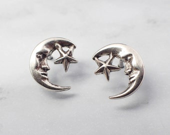 Moon and Star Stud Earrings, Silver Moon Stud Earrings, Celestial Earrings, Celestial Jewelry, Silver Star Earrings, Celestial Gift