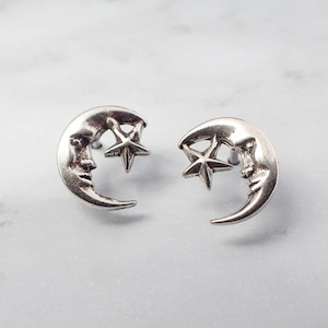 Moon and Star Stud Earrings, Silver Moon Stud Earrings, Celestial Earrings, Celestial Jewelry, Silver Star Earrings, Celestial Gift