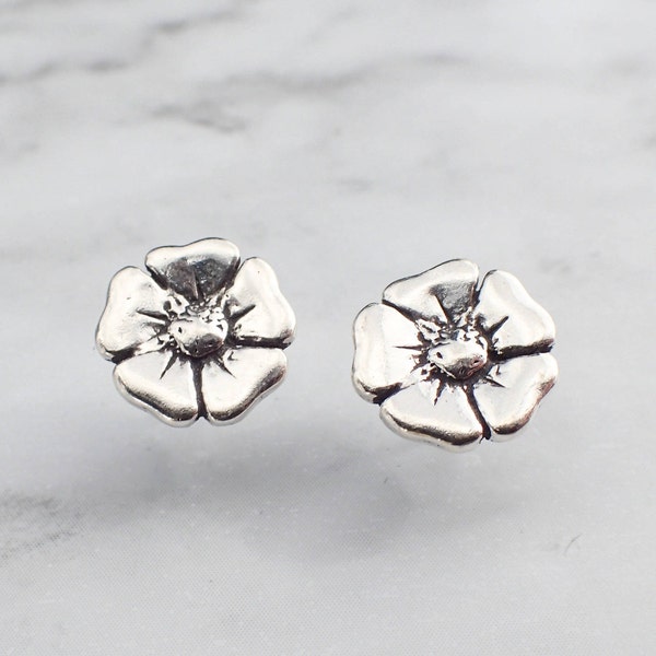 Poppy Stud Earrings, Silver Flower Stud Earrings, Silver Poppy Jewelry, Floral Stud Earrings, Hypoallergenic Earrings, Floral Gift for Her