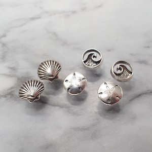 Ocean Earring Set, Sand Dollar Shell Wave Earrings, Silver Beach Studs, Sea Life Jewelry, Teen Earrings, Sterling Stud Set image 1