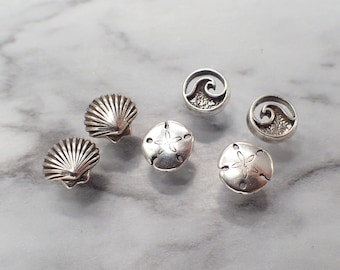 Ocean Earring Set, Sand Dollar Shell Wave Earrings, Silver Beach Studs, Sea Life Jewelry, Teen Earrings, Sterling Stud Set